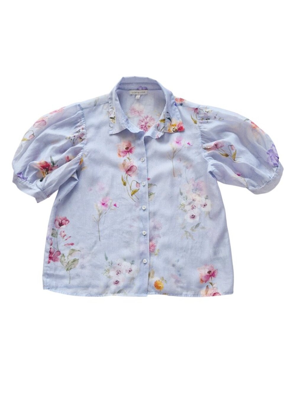 Lucky & Coco Lightweight Puff Sleeve Loose fit Floral Semi Sheer Blouse S - Picture 6 of 15